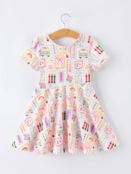 Back to School Rainbow Print Girls Dress Short Sleeve