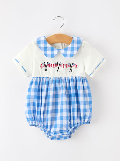 Boys 4th of July Plaid Romper Embroidery Petals Collar