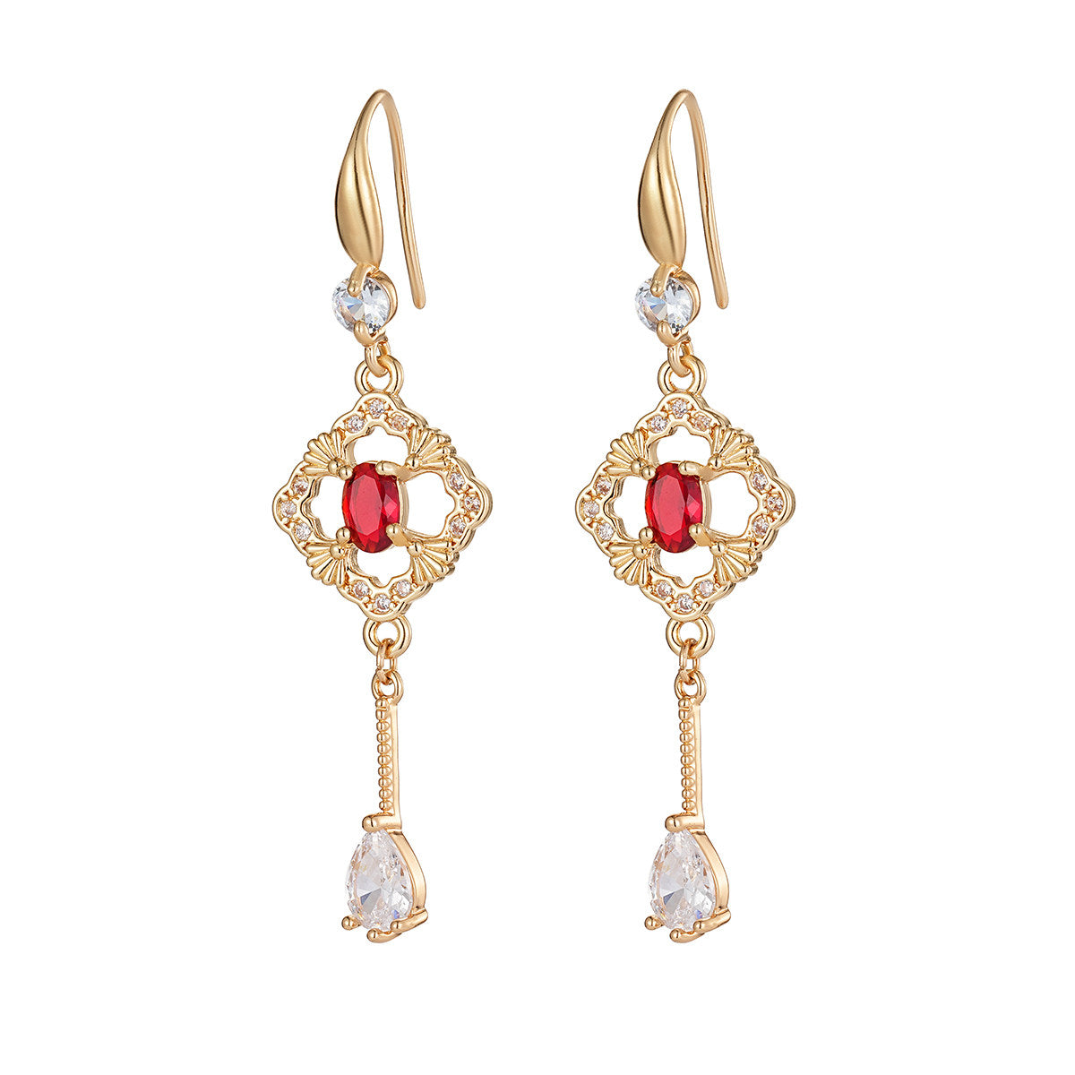 Red Crystal & Cubic Zirconia Goldtone Rhombus Drop Dangle Earrings