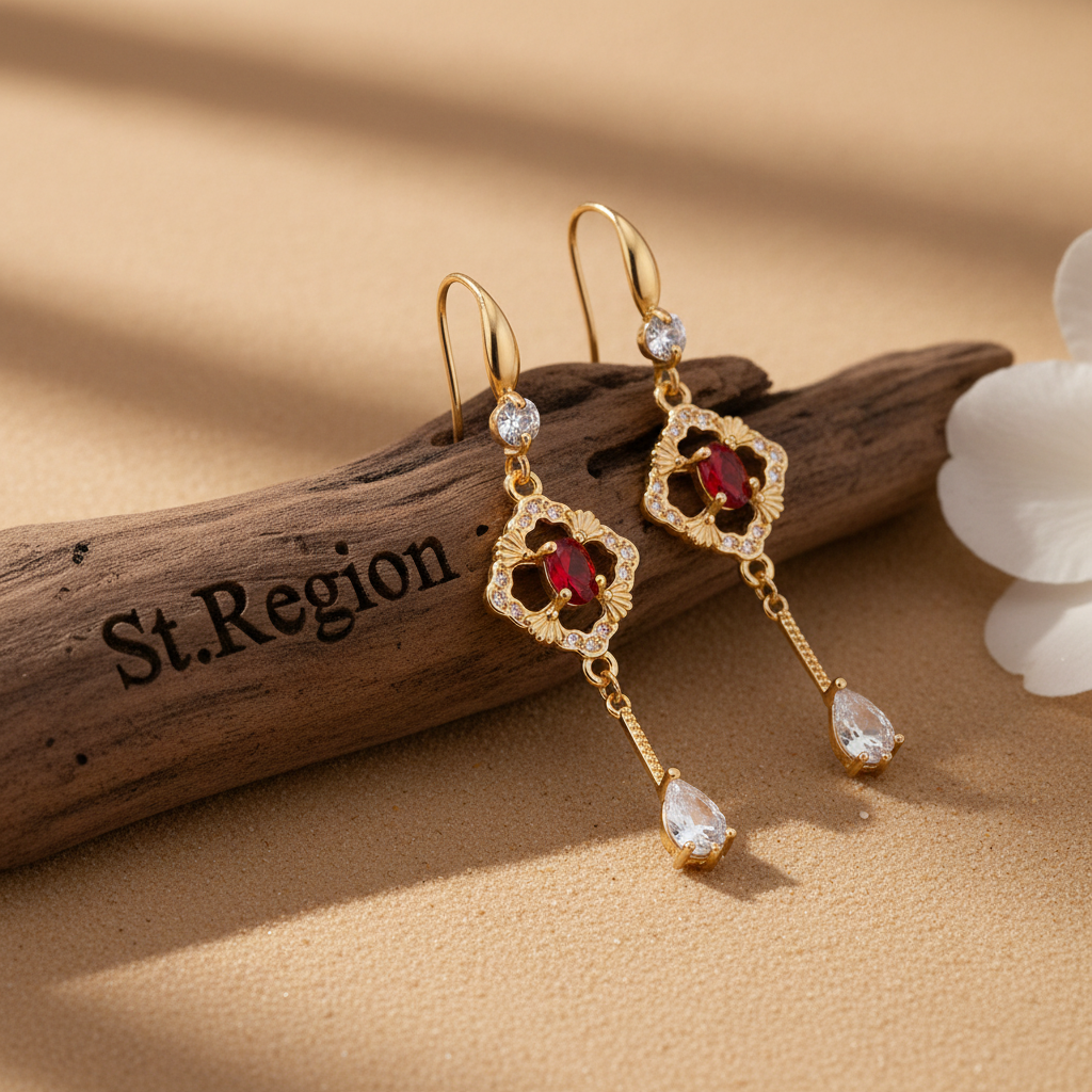 Red Crystal & Cubic Zirconia Goldtone Rhombus Drop Dangle Earrings