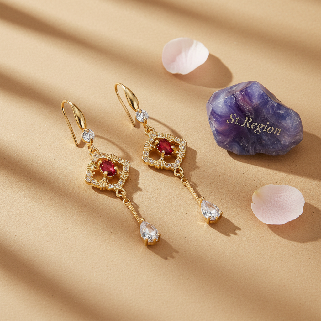 Red Crystal & Cubic Zirconia Goldtone Rhombus Drop Dangle Earrings