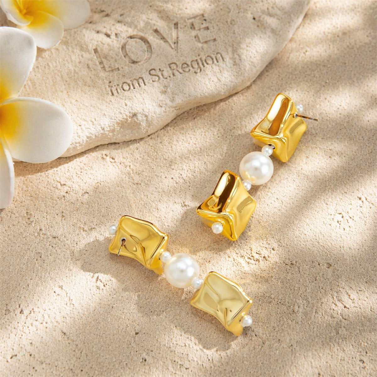 Pearl & Goldtone Ice Cube Dangle Earrings