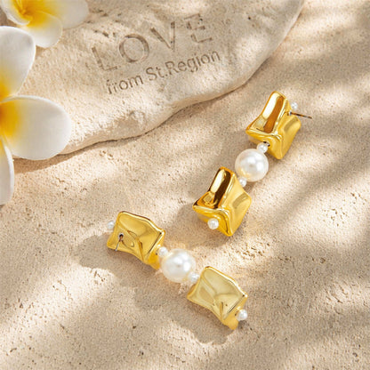 Pearl & Goldtone Ice Cube Dangle Earrings
