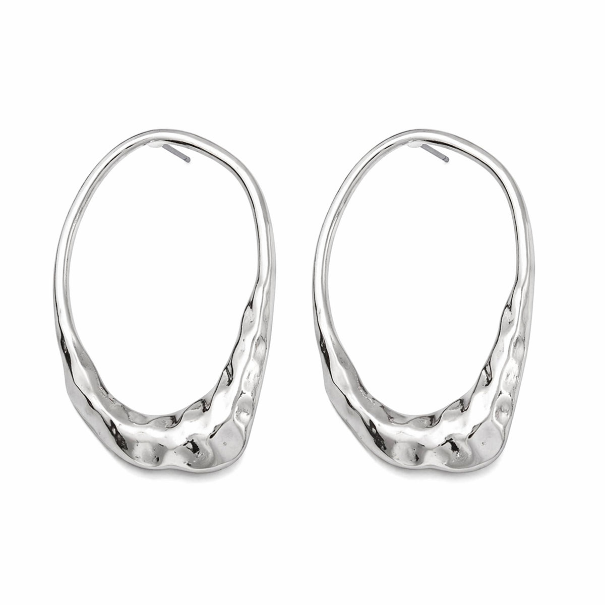 Silvertone Hammered Open Oval Statement Stud Earrings