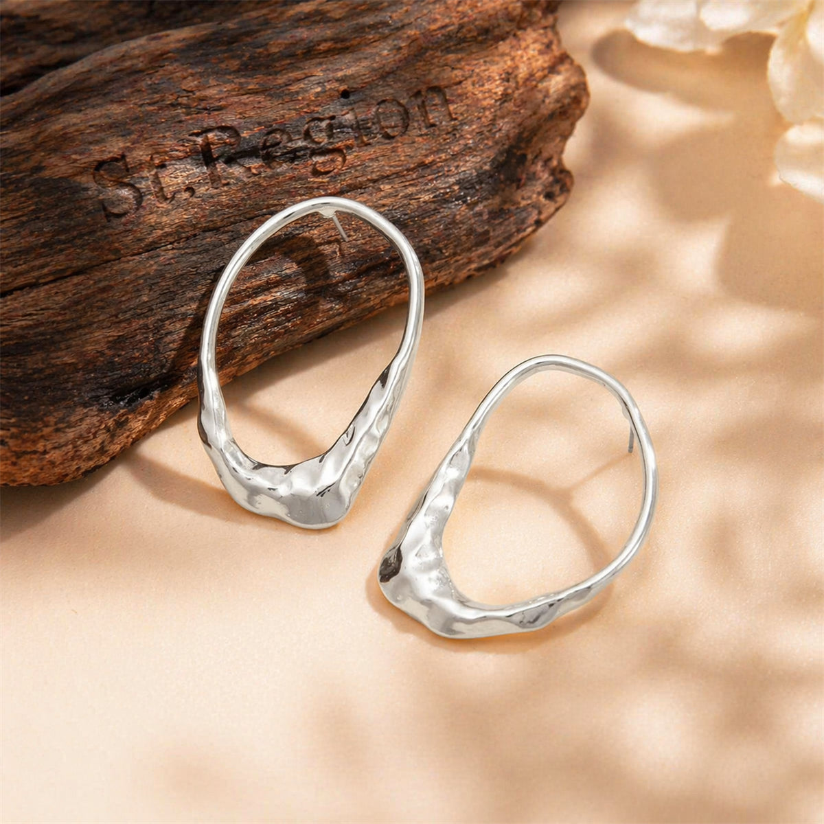 Silvertone Hammered Open Oval Statement Stud Earrings