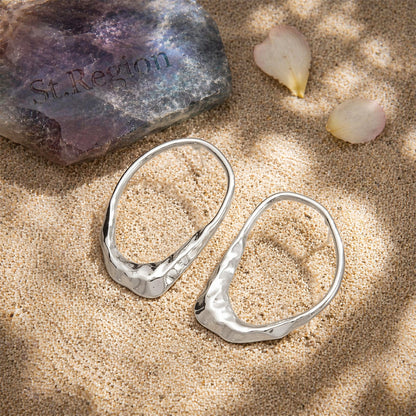 Silvertone Hammered Open Oval Statement Stud Earrings