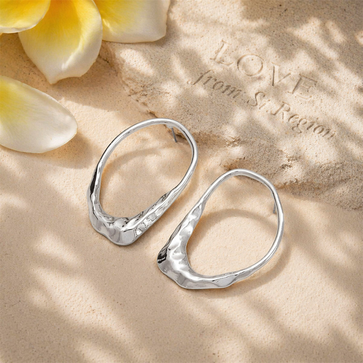 Silvertone Hammered Open Oval Statement Stud Earrings