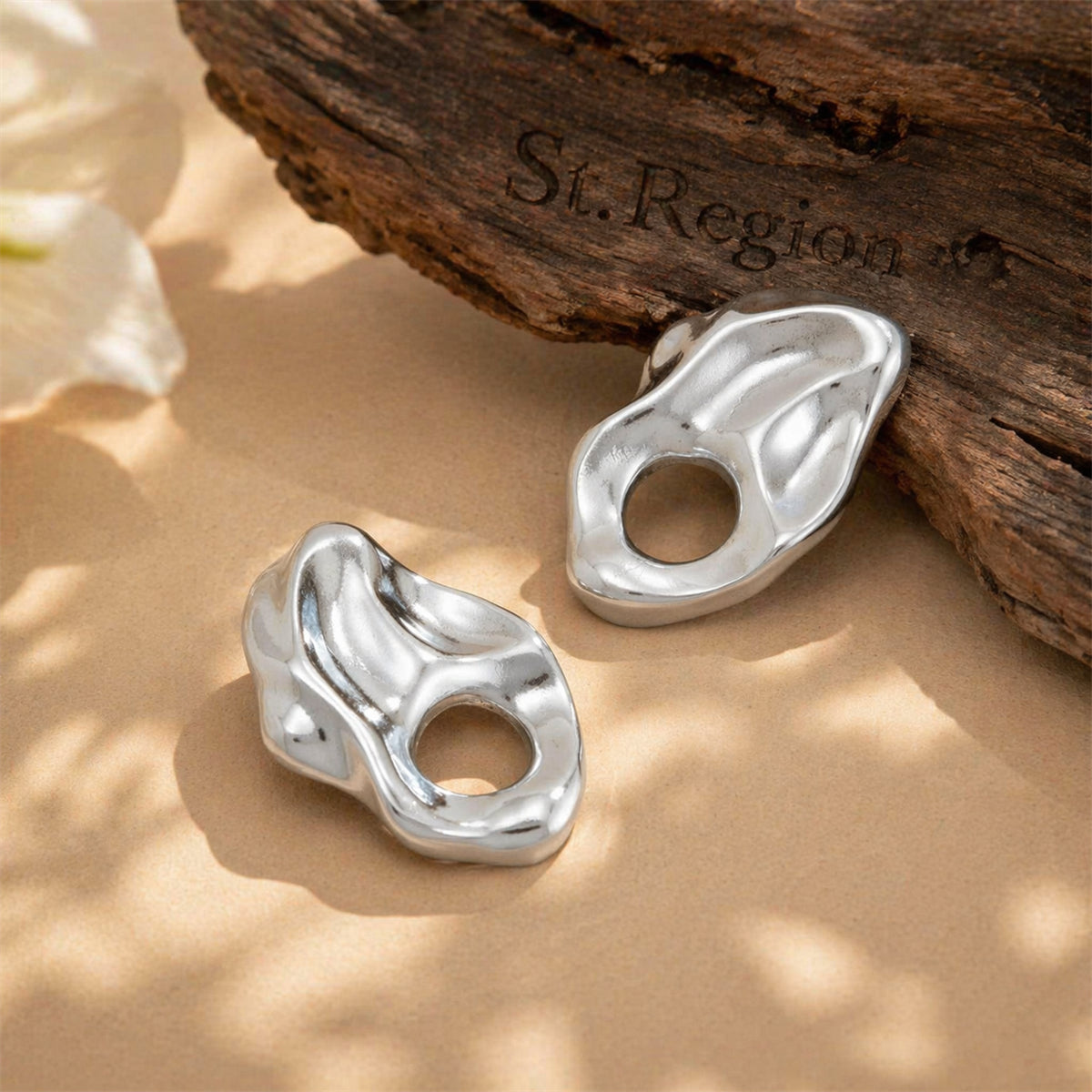 Silvertone Hammered Open Uneven Drop Statement Stud Earrings