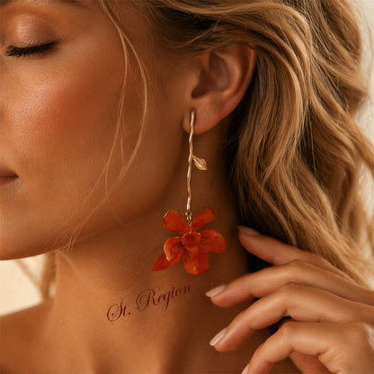 Red Enamel & Goldtone Flower Dangle Earrings
