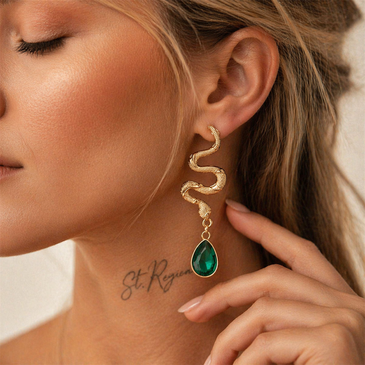Crystal & Goldtone Textured Snake Dangle Earrings