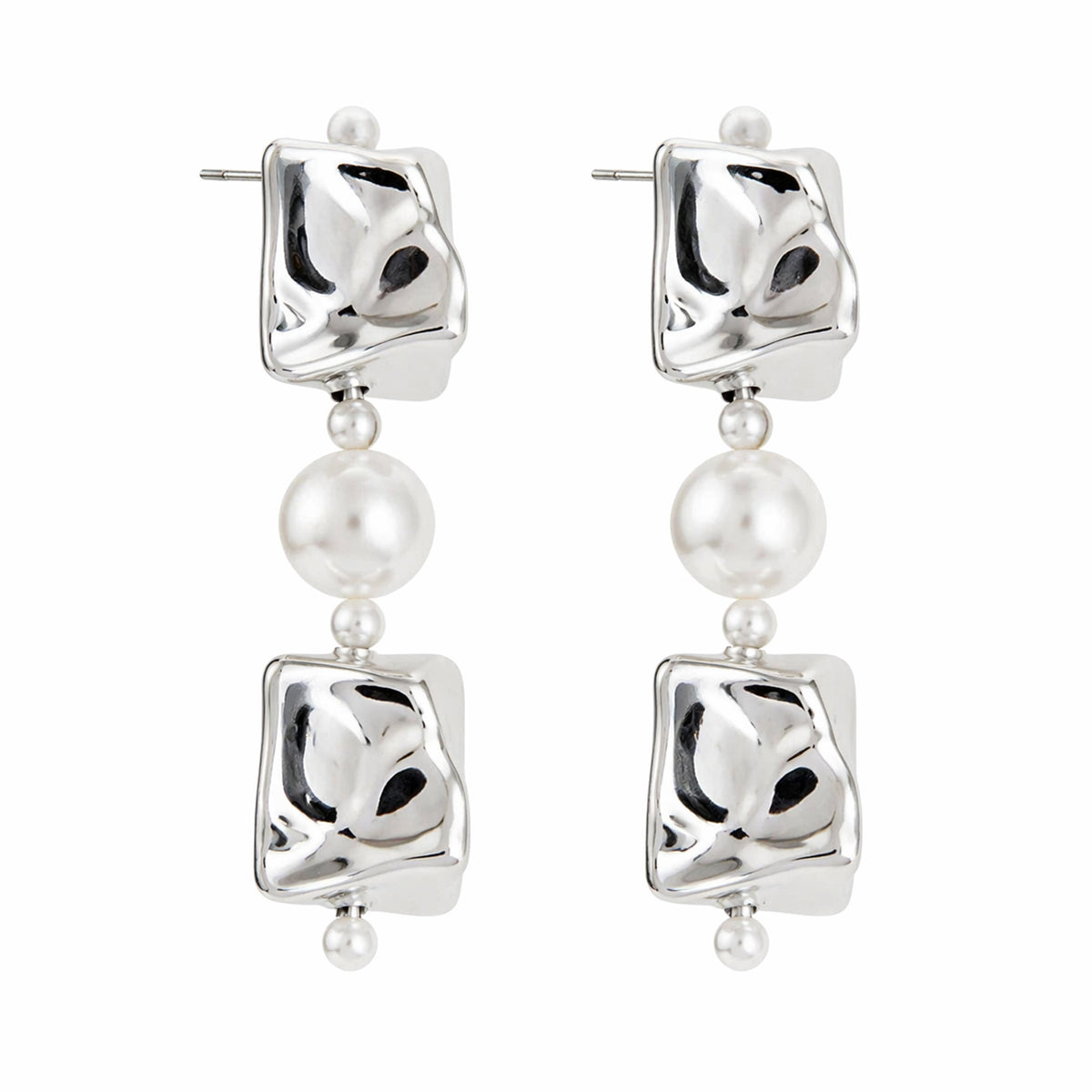 Pearl & Silvertone Ice Cube Dangle Earrings