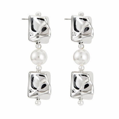 Pearl & Silvertone Ice Cube Dangle Earrings