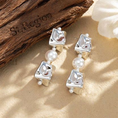 Pearl & Silvertone Ice Cube Dangle Earrings