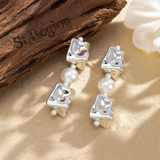 Pearl & Silvertone Ice Cube Dangle Earrings