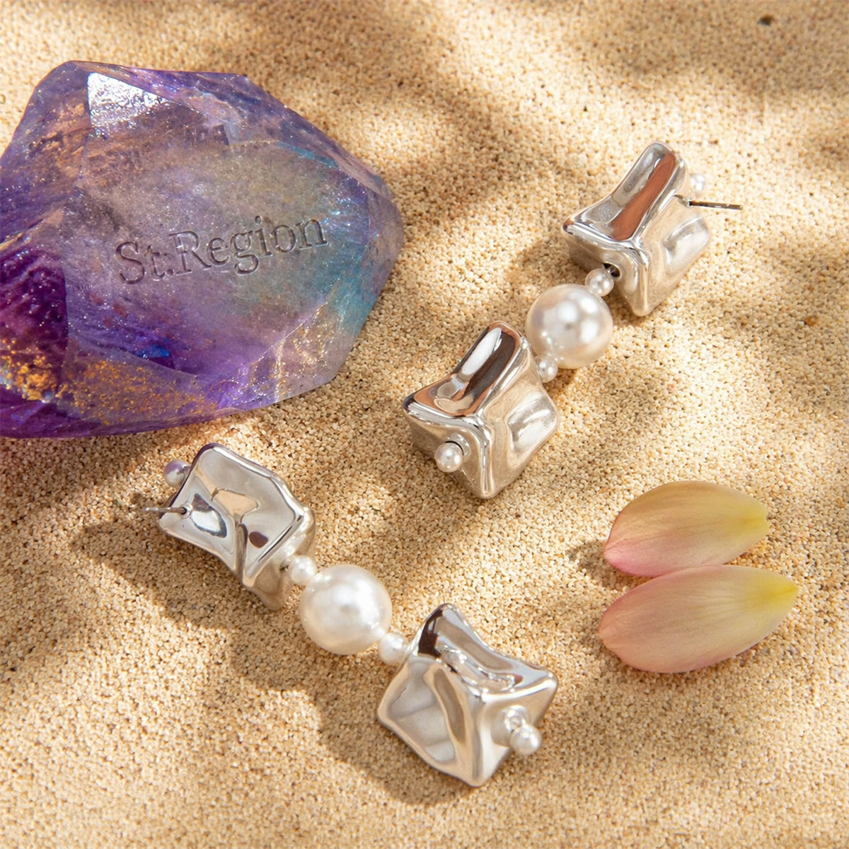 Pearl & Silvertone Ice Cube Dangle Earrings