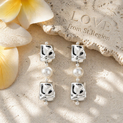 Pearl & Silvertone Ice Cube Dangle Earrings
