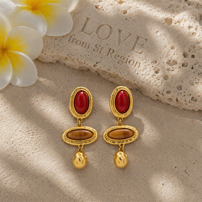 Red & Brown Resin Goldtone Tiered Oval Dangle Earrings
