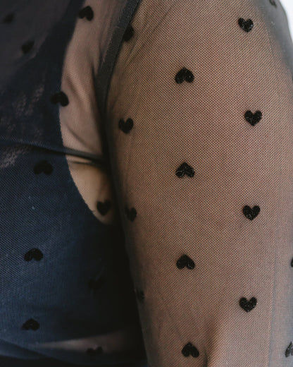 Heart Mesh Mock Neck Halftee