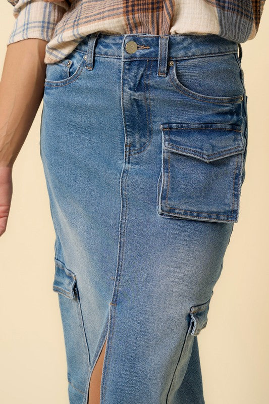 Denim Lab USA | Super Maxi Denim Cargo Skirt