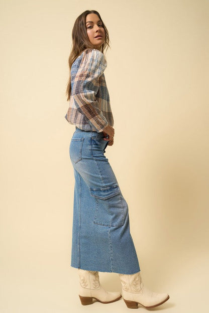 Denim Lab USA | Super Maxi Denim Cargo Skirt