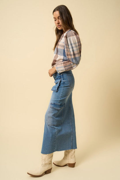 Denim Lab USA | Super Maxi Denim Cargo Skirt