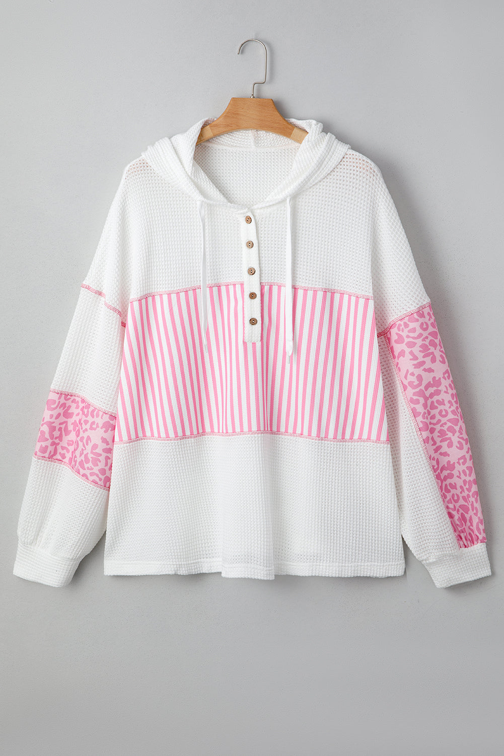 Threaded Pear Pink Stripe Leopard Patchwork Waffle Knit Buttoned Plus Size Hoodie