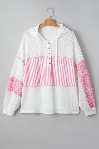 Threaded Pear Pink Stripe Leopard Patchwork Waffle Knit Buttoned Plus Size Hoodie