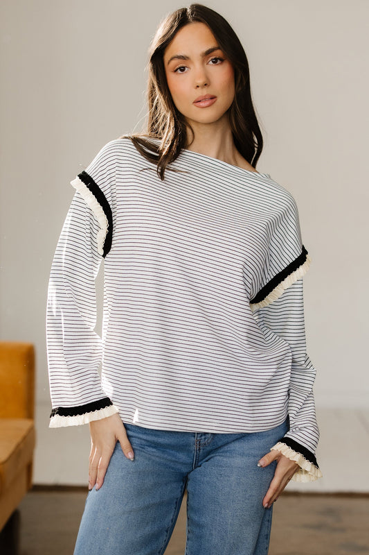 Threaded Pear Anya Ruffle Trim Loose Long Sleeve Top