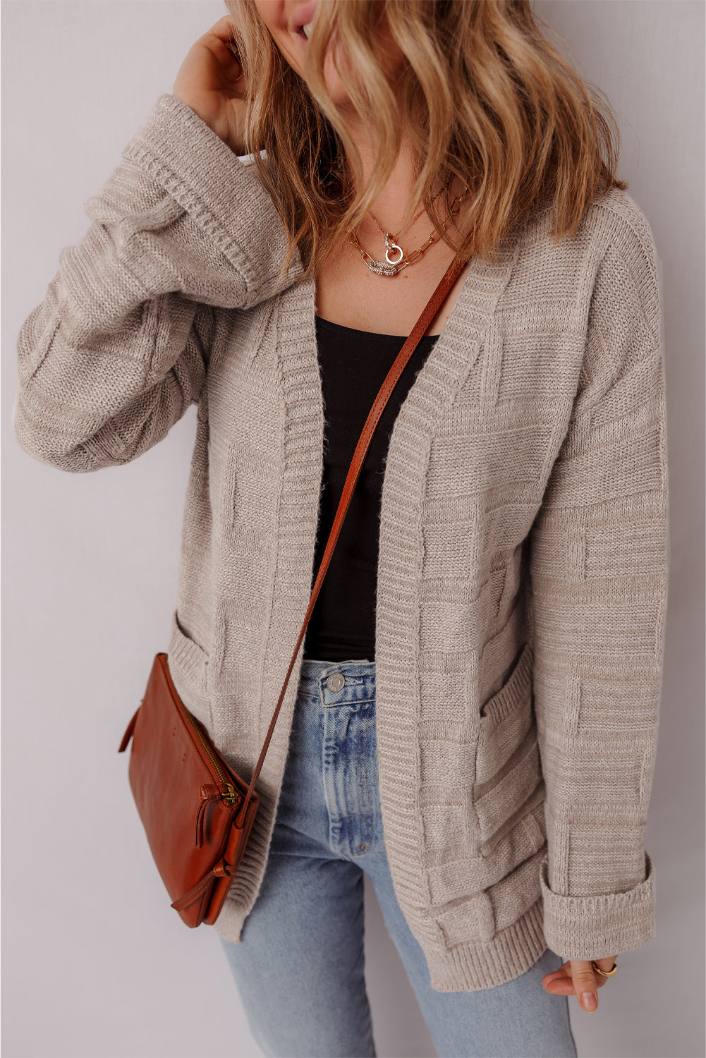 Threaded Pear Athena Knit Open Front Chic Cardigan with Pockets