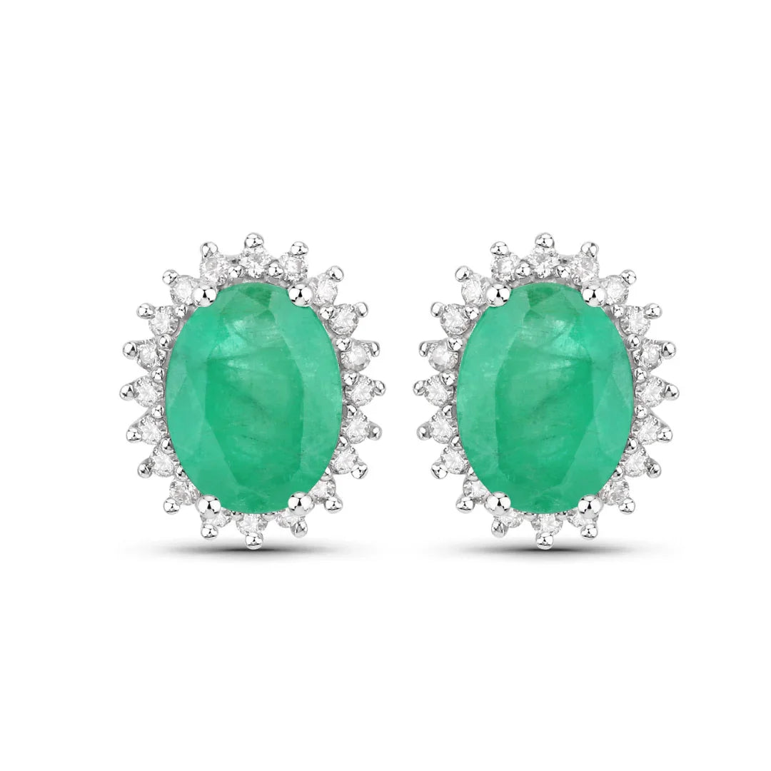 2.40 Ct Oval Green Zambian Emerald & Diamond Prong 10K Gold Halo Stud Earrings