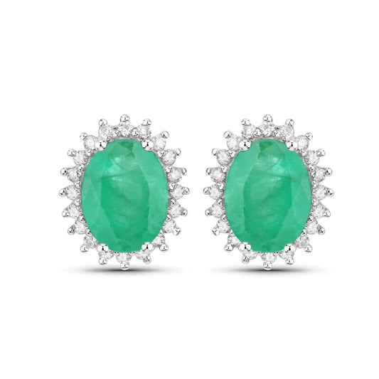 2.40 Ct Oval Green Zambian Emerald & Diamond Prong 10K Gold Halo Stud Earrings