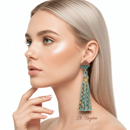 Green Polyster & Resin Wood Silvertone Tassel Statement Drop Earrings