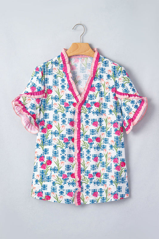 Threaded Pear Rose Floral Print Ruffle V-Neck Short Sleeve Loose Tunic Shirt