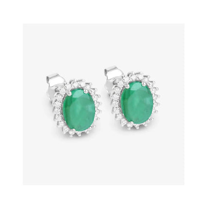 2.40 Ct Oval Green Zambian Emerald & Diamond Prong 10K Gold Halo Stud Earrings