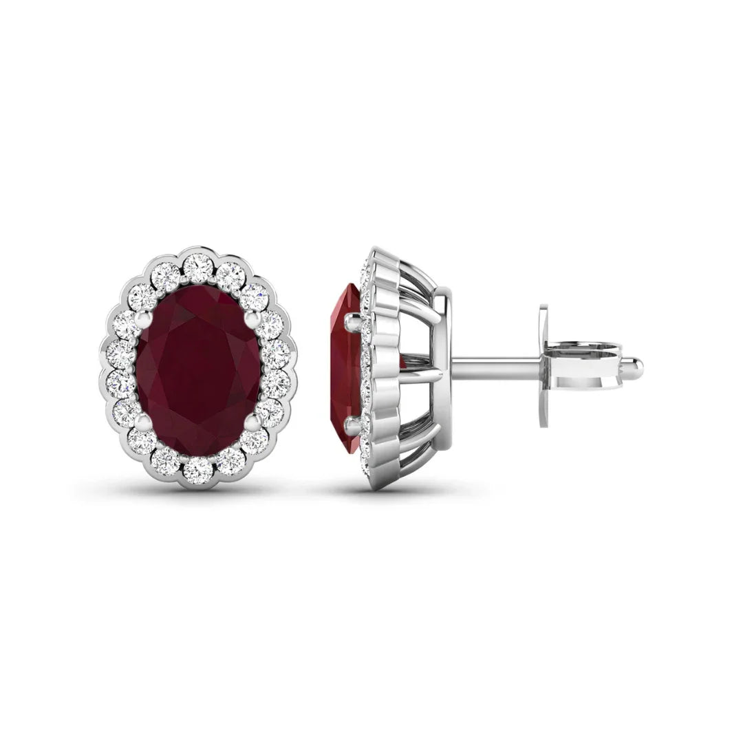 1.90 Ct Oval Pink Ruby & Diamond Prong 14K Gold Halo Stud Earrings