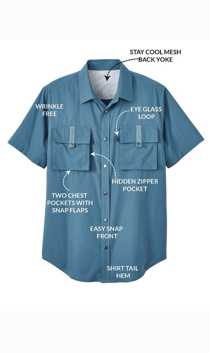 Men's Short Sleeve Easy Snap Explorer Shirt With Multi-Pockets and cool back mesh