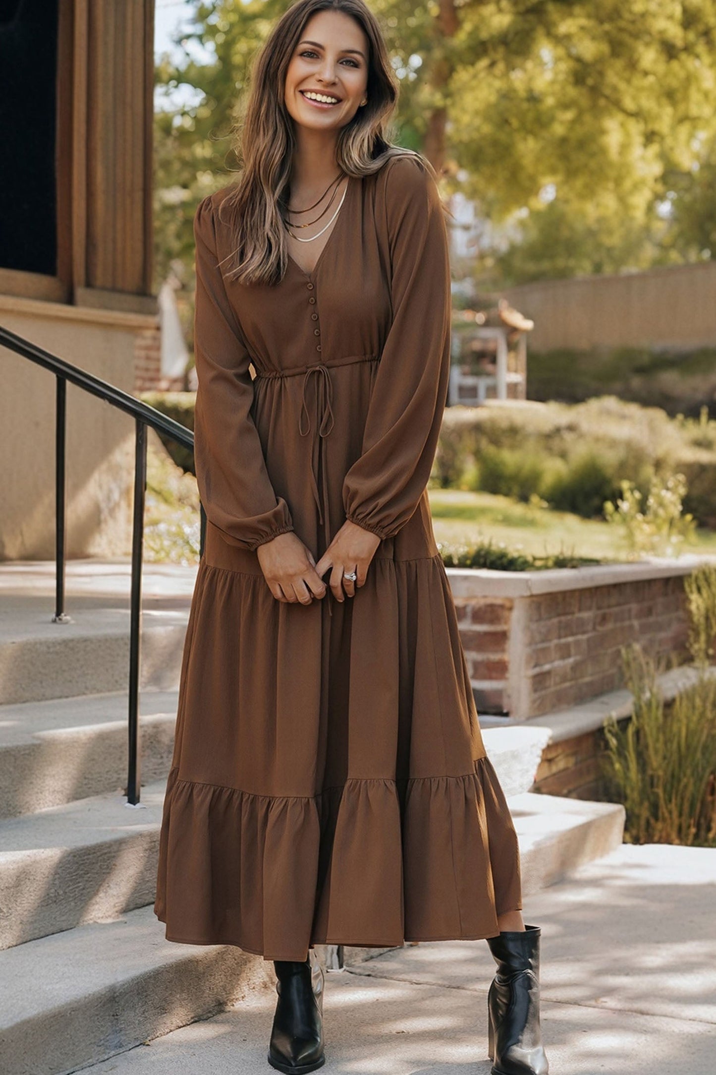 Blackish Green Solid Long Sleeve Button V Neck Tiered Maxi Dress