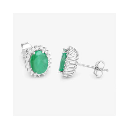 2.40 Ct Oval Green Zambian Emerald & Diamond Prong 10K Gold Halo Stud Earrings