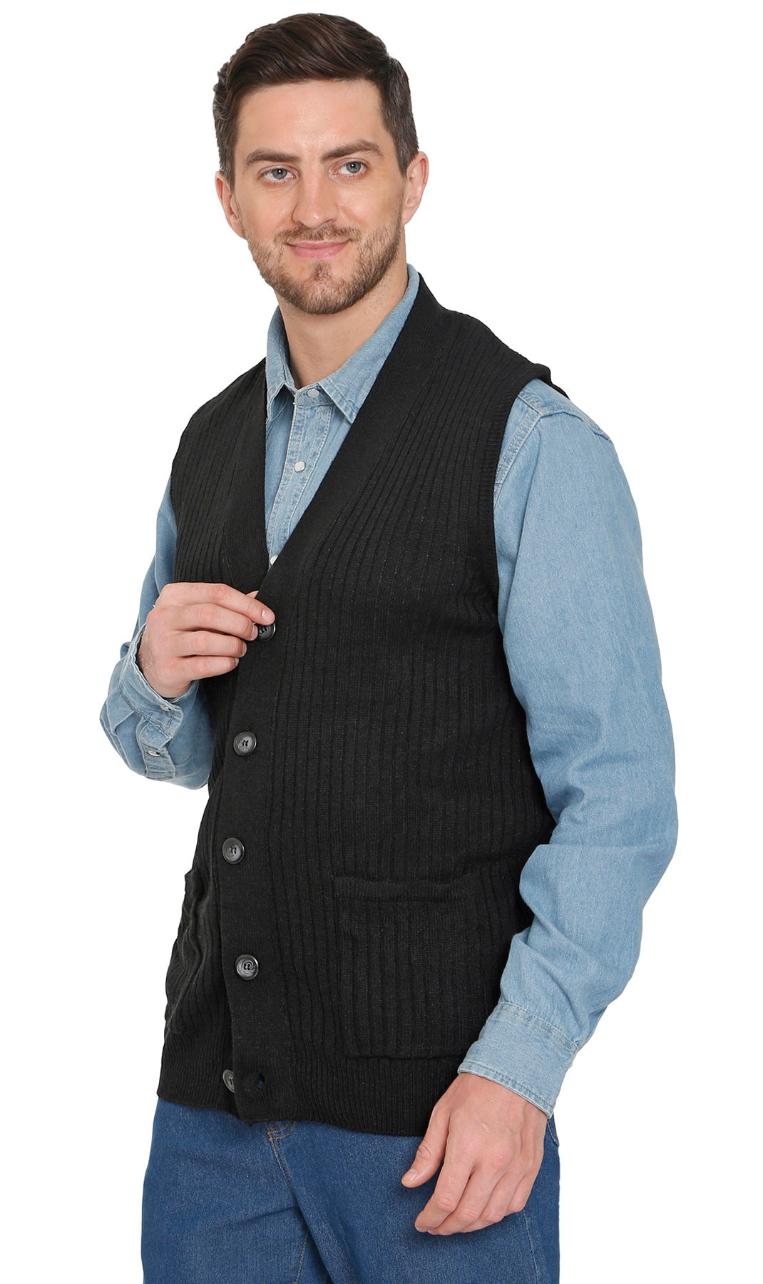 Men's Relaxed Fit Rib Knit Sweater Vest - Button Front with Pockets