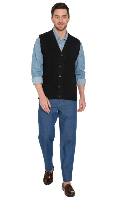 Men's Cashmere-Like Button Front Flat Knit Sweater Vest with front patch pockets