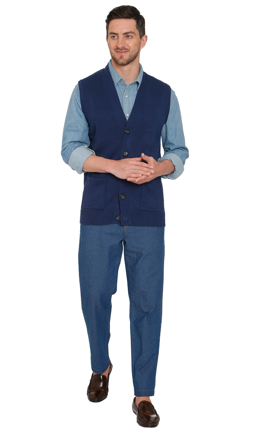 Men's Cashmere-Like Button Front Flat Knit Sweater Vest with front patch pockets