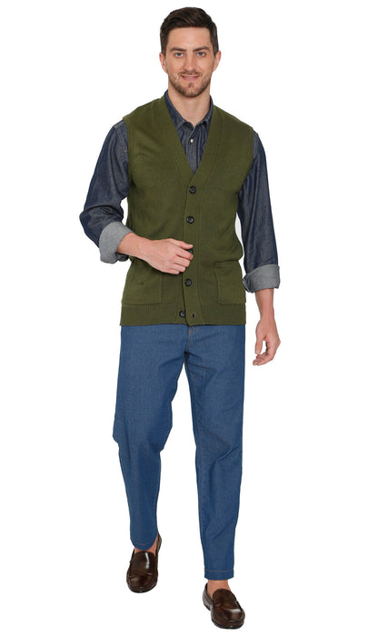 Men's Cashmere-Like Button Front Flat Knit Sweater Vest with front patch pockets