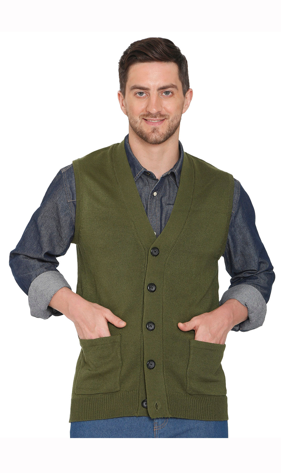 Men's Cashmere-Like Button Front Flat Knit Sweater Vest with front patch pockets