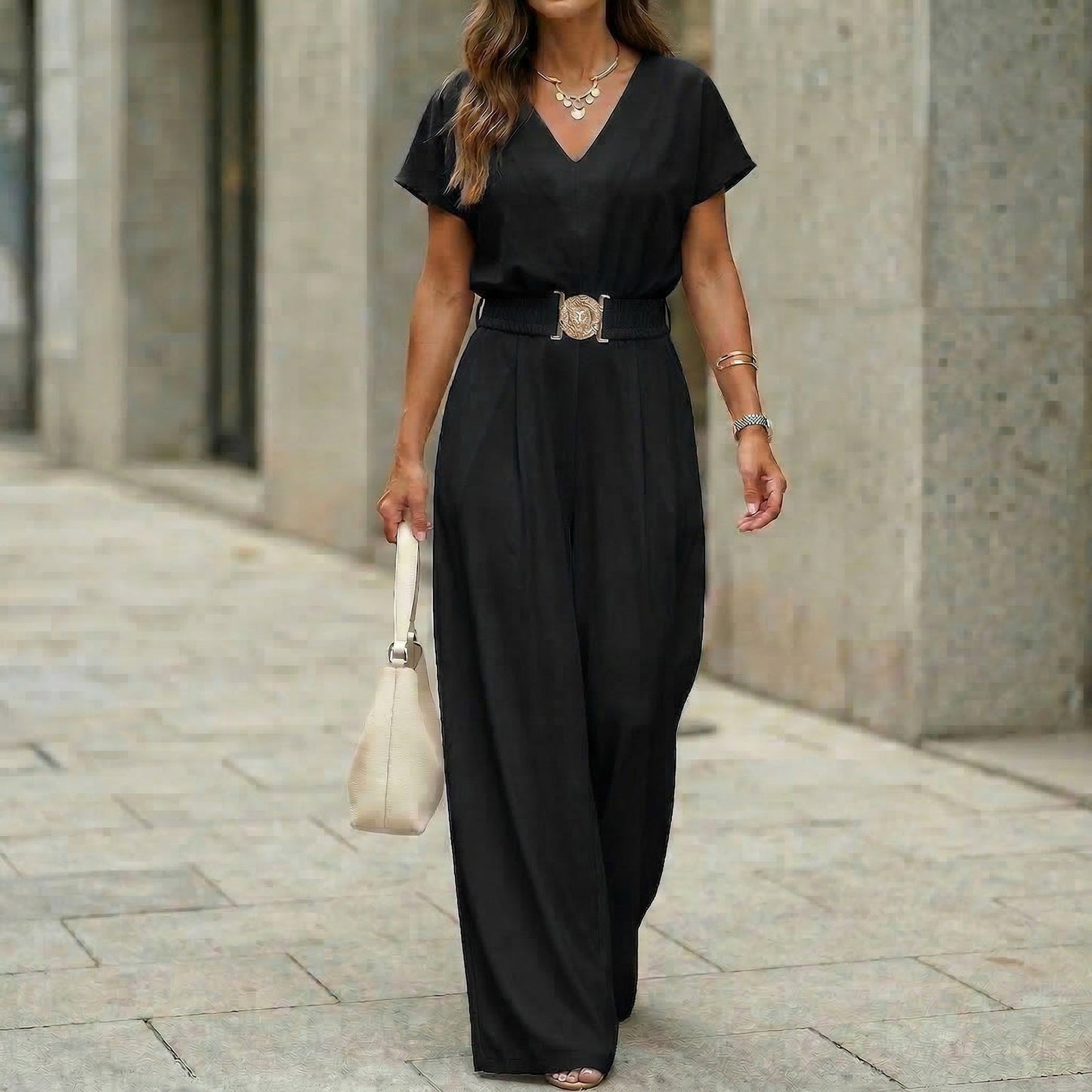 Women's V-Neck Belted Wide-Leg Jumpsuit | Elegant Commuter