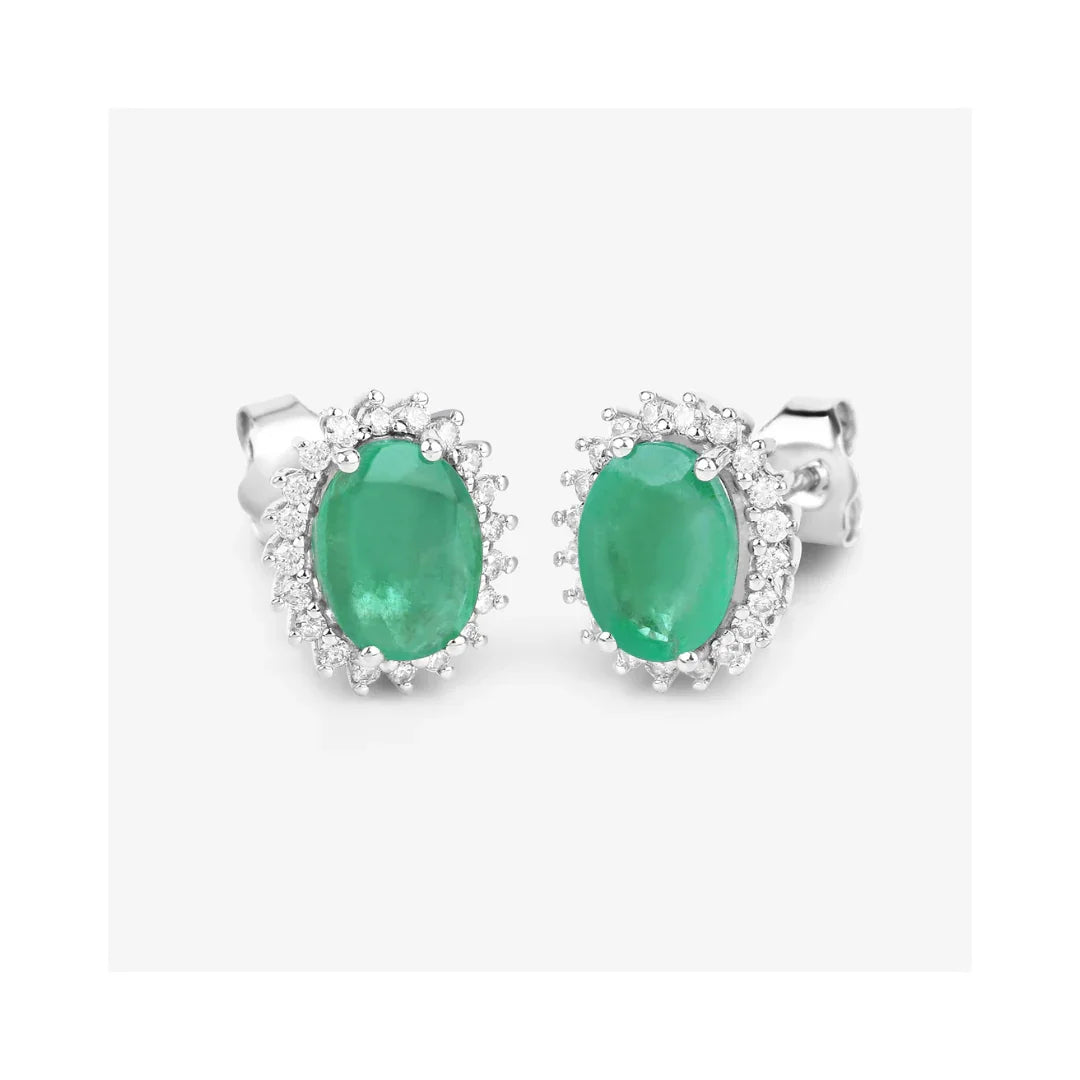 2.40 Ct Oval Green Zambian Emerald & Diamond Prong 10K Gold Halo Stud Earrings