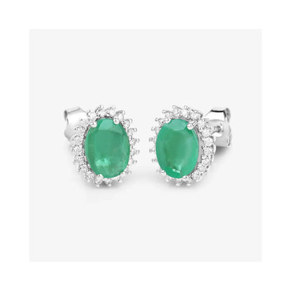 2.40 Ct Oval Green Zambian Emerald & Diamond Prong 10K Gold Halo Stud Earrings
