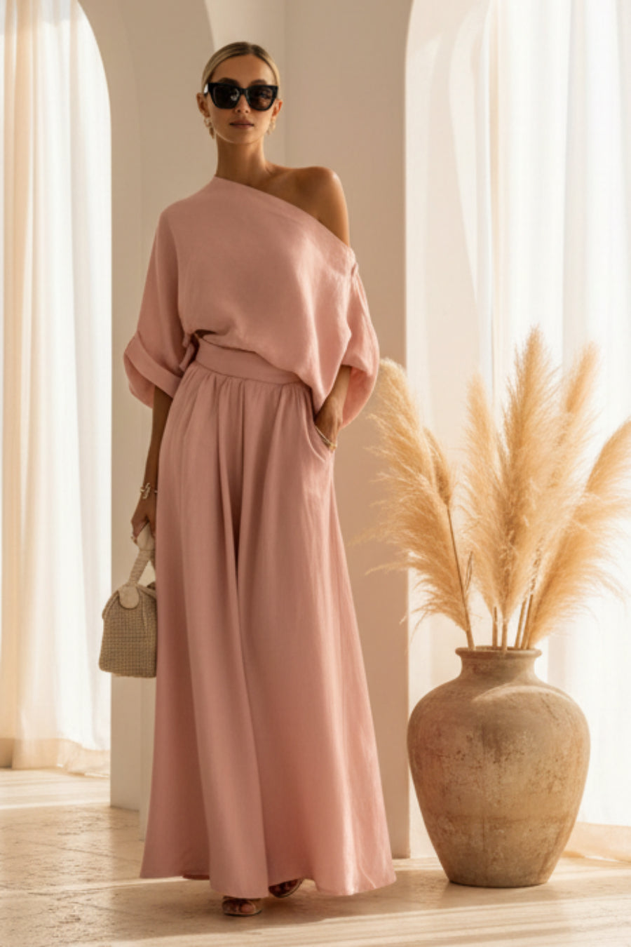 Women's Cropped Off-Shoulder Top & Pants Two-Piece Set
