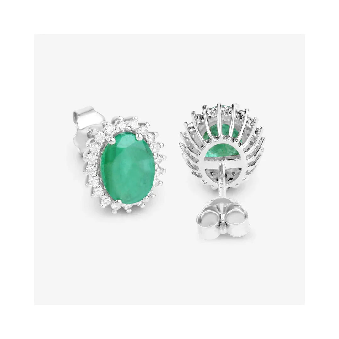 2.40 Ct Oval Green Zambian Emerald & Diamond Prong 10K Gold Halo Stud Earrings