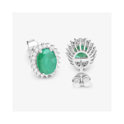 2.40 Ct Oval Green Zambian Emerald & Diamond Prong 10K Gold Halo Stud Earrings