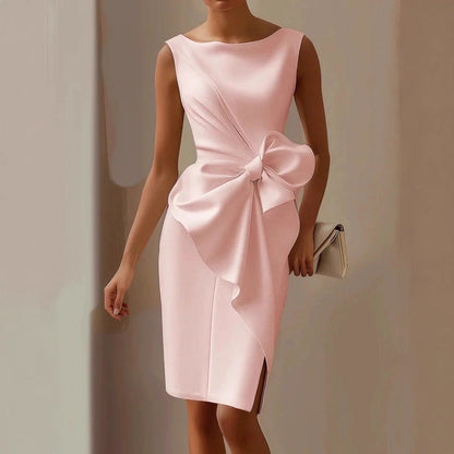 Women's Bow-Knot Sleeveless Midi Dress – High Waist A-Line